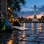 Parížska ulica po nepokojoch s výkladmi zabitými doskami a majiteľom kaviarne, ktorý zametá rozbité sklo