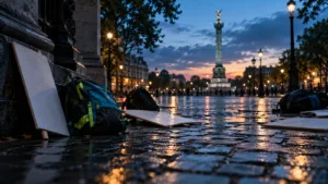 Parížska ulica po nepokojoch s výkladmi zabitými doskami a majiteľom kaviarne, ktorý zametá rozbité sklo