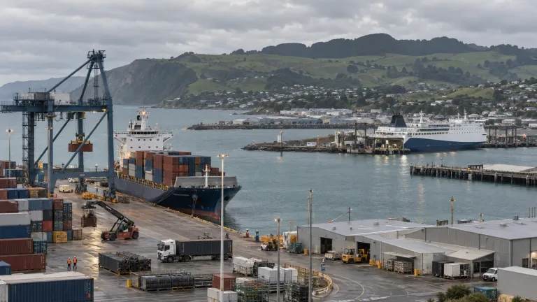 Un port de coastă reunește containere, clădiri industriale și un feribot, cu dealuri verzi în fundalul golfului.