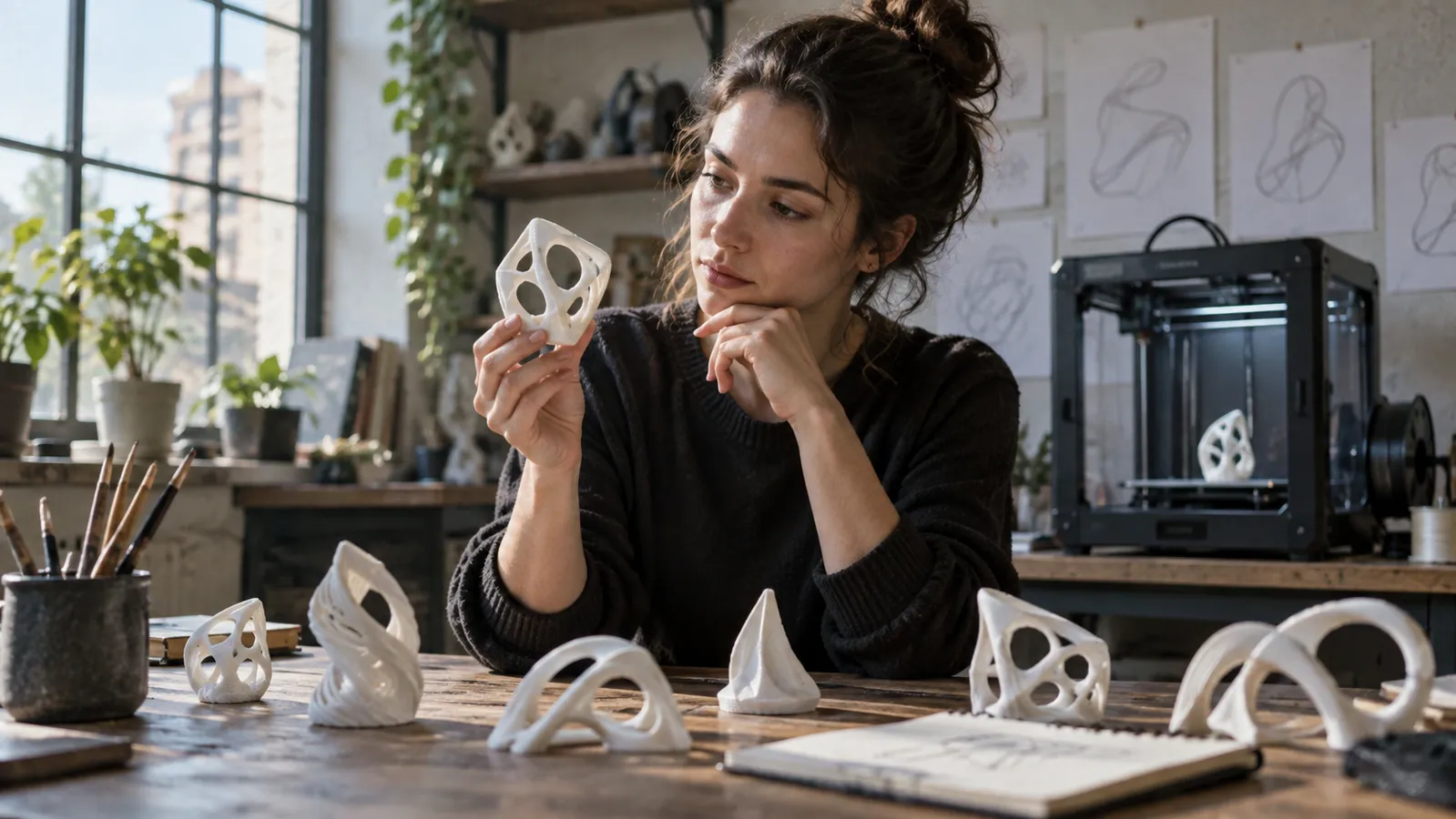 O creatoare examinează un obiect imprimat 3D în atelier, lângă alte prototipuri, schițe și o imprimantă de birou.