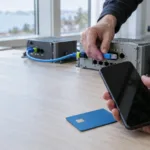 Korisnica mobilnog bankarstva ispred vizualiziranog lanca sustava kroz koji prolaze sigurnosne poruke.