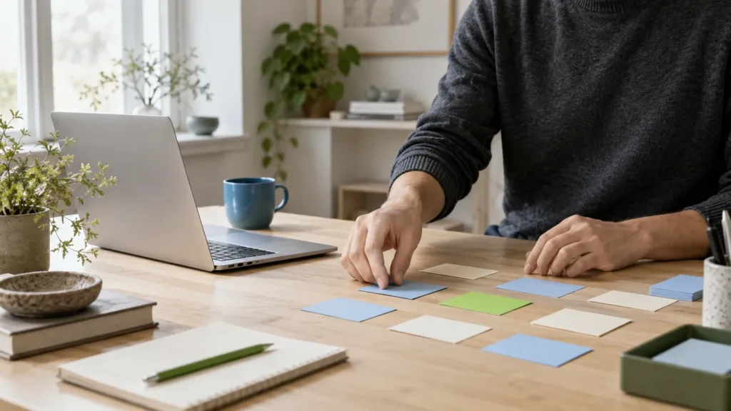 Person arbeider med et Excel-regneark med sammenslåtte datatabeller på en bærbar datamaskin i et lyst kontor.