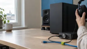 Kotistudion työpöytä, jossa tietokoneen näytöllä näkyy äänenmuokkausohjelmisto ja pöydällä studiokuulokkeet.
