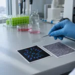 Wizualizacja chromosomów z podświetlonymi telomerami w nowoczesnym laboratorium badawczym.