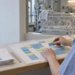 Kvinnelig gründer foran en digital vaktplan-skjerm på et moderne helseteknologikontor.