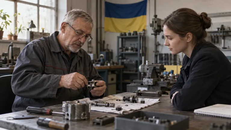 Досвідчений кандидат складає механічну деталь у майстерні, а молодша керівниця спостерігає за виконанням завдання.