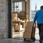 Vy över Östersjön mot en modern hamnstad med gamla tak och glasfasader i morgonljus, medan ett fraktfartyg och en färja passerar varandra.