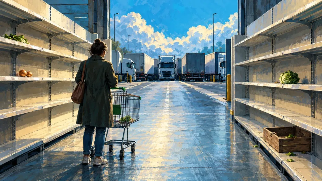 Scaffali semivuoti in un supermercato italiano durante il blocco degli autotrasportatori