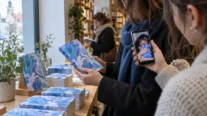 Młode czytelniczki oglądające kolorowe książki podczas spotkania społeczności BookTok w niezależnej księgarni.