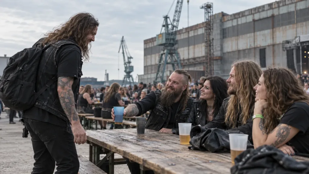Publikum samles mellem koncertscener og et livligt fællesområde på en metalfestival ved Refshaleøen i København.
