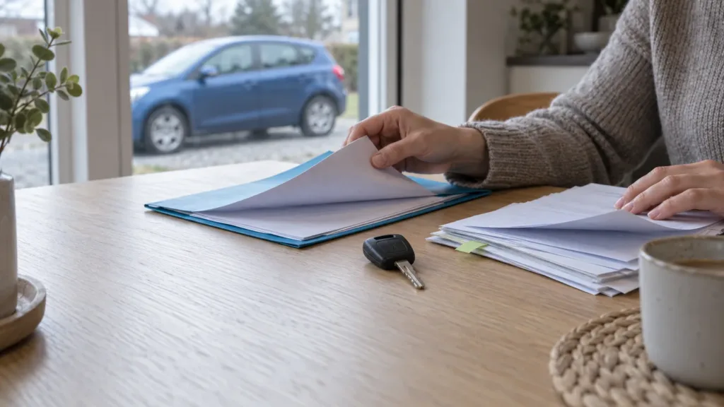 Jovem junto a um carro estacionado perto de uma agência bancária, a analisar um contrato de crédito automóvel