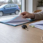 Jovem junto a um carro estacionado perto de uma agência bancária, a analisar um contrato de crédito automóvel