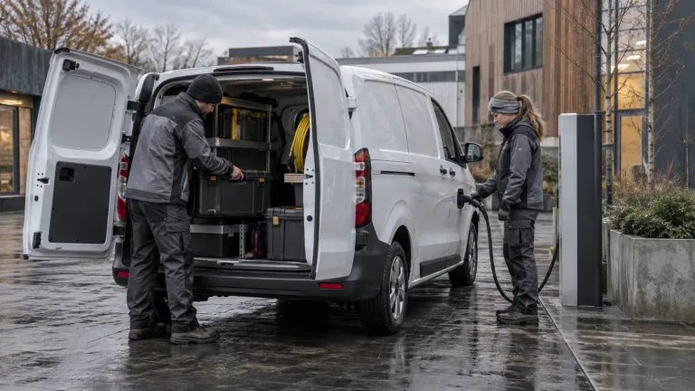 Servisní elektromobil se nabíjí na firemním dvoře, zatímco technik ukládá do otevřeného zavazadlového prostoru nářadí.
