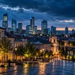Vilniaus verslo rajono dangoraižiai ir statybos kranas priešais nedidelę gamybos įmonę, simbolizuojantys investicijas ir produktyvumo iššūkį Lietuvos ekonomikoje