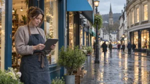 A shop owner in an apron holds a tablet in the doorway of her shop on a rainy British high street, with a street lamp and a church tower in the background.