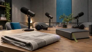 Podcast-studion pöydällä mikrofonit, kuulokkeet, sanomalehti ja lakikirja
