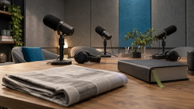 Podcast-studion pöydällä mikrofonit, kuulokkeet, sanomalehti ja lakikirja