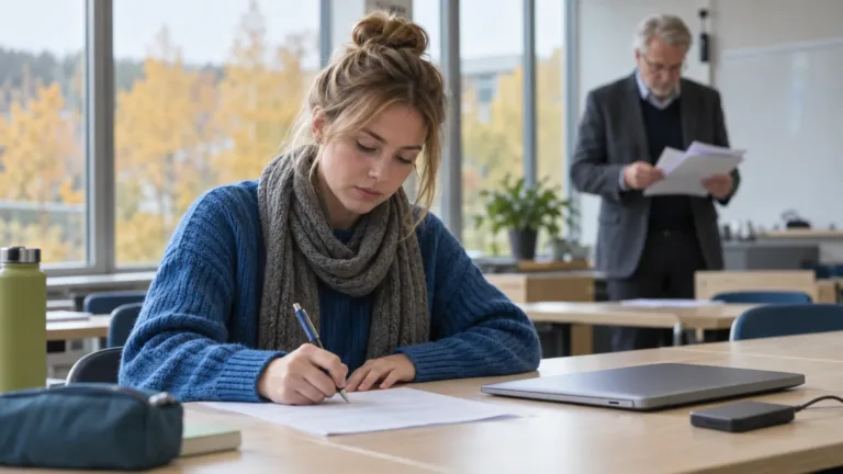 Opiskelija tekee paperitenttiä ammattikorkeakoulun luokassa, vieressä kannettava tietokone ja ulkoinen kovalevy