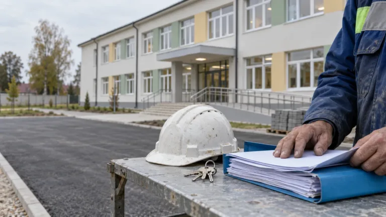 Șantier de construcții neterminat în România, cu macarale și un steag UE decolorat, simbol al fondurilor PNRR blocate
