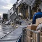 Großes Logistikzentrum in der Abenddämmerung mit Ladetoren und Lkw auf dem Hof – Symbolbild für Lieferketten als verwundbare Infrastruktur