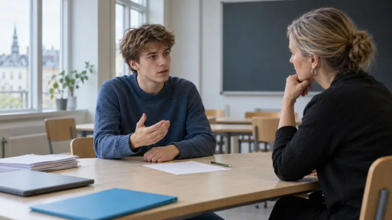 Studente sostiene una prova orale davanti a un'insegnante, con il portatile chiuso sul banco