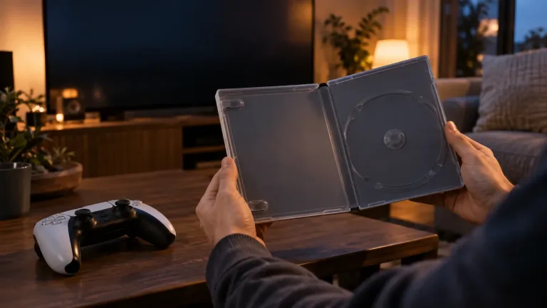 Twee handen houden een leeg speldoosje vast naast een controller en een donker televisiescherm in een woonkamer.