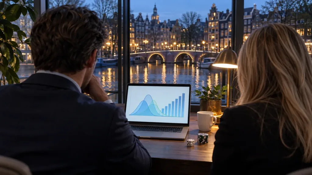 Twee mensen kijken 's avonds naar een laptop met kansverdelingen en een staafdiagram, met een dobbelsteen en pokerfiches op tafel en uitzicht op een verlichte Amsterdamse gracht met een brug.