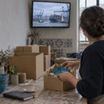 Empreendedor a ver um noticiário curto no portátil e a tomar notas num caderno, num pequeno escritório em Lisboa.
