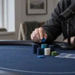 Hämärästi valaistu pokeripöytä, jonka reunalla on korkeita pelimerkkipinoja ja avoin kannettava tietokone tyhjän tuolin vieressä.