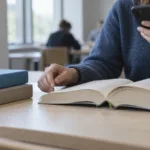 A closed hardback book on a desk in sharp focus, with a glowing smartphone screen blurred behind it
