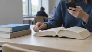 A closed hardback book on a desk in sharp focus, with a glowing smartphone screen blurred behind it