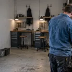 Norsk rørlegger arbeider i et kjøkken, med en stigende rentegraf og en oljetanker synlig i bakgrunnen som symbol på rentevåpenet og oljeprisens effekt på norsk økonomi.