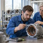 En ingenjörsstudent och en industrispecialist granskar en digital teknisk modell i en modern svensk lärmiljö.