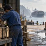Ropný tanker prechádzajúci úzkym morským prielivom pri západe slnka, v popredí mikropodnikateľ kontrolujúci náklady na energiu.