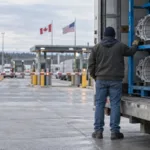 Freight trucks queue at a US-Canada land border crossing at dusk, with an American flag on one side of the road and a Canadian flag on the other.