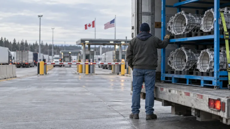 Freight trucks queue at a US-Canada land border crossing at dusk, with an American flag on one side of the road and a Canadian flag on the other.
