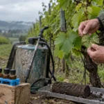 Vigneron inspectant des feuilles de vigne recouvertes de résidus de sulfate de cuivre dans un vignoble au coucher du soleil