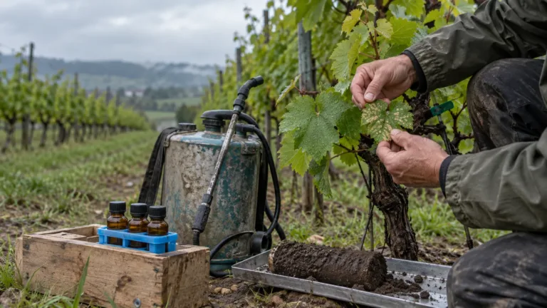 Vigneron inspectant des feuilles de vigne recouvertes de résidus de sulfate de cuivre dans un vignoble au coucher du soleil