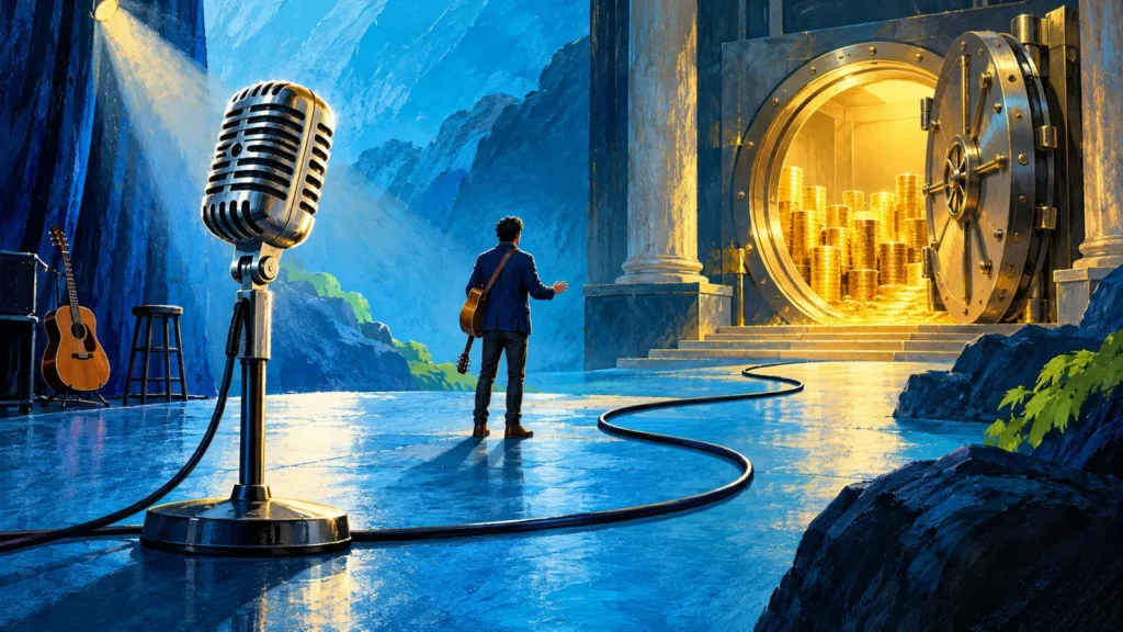 Illustratie van een sloopterrein dat overvloeit in een verlicht concertpodium, als symbool voor het ondernemersverhaal van Frans Duijts.