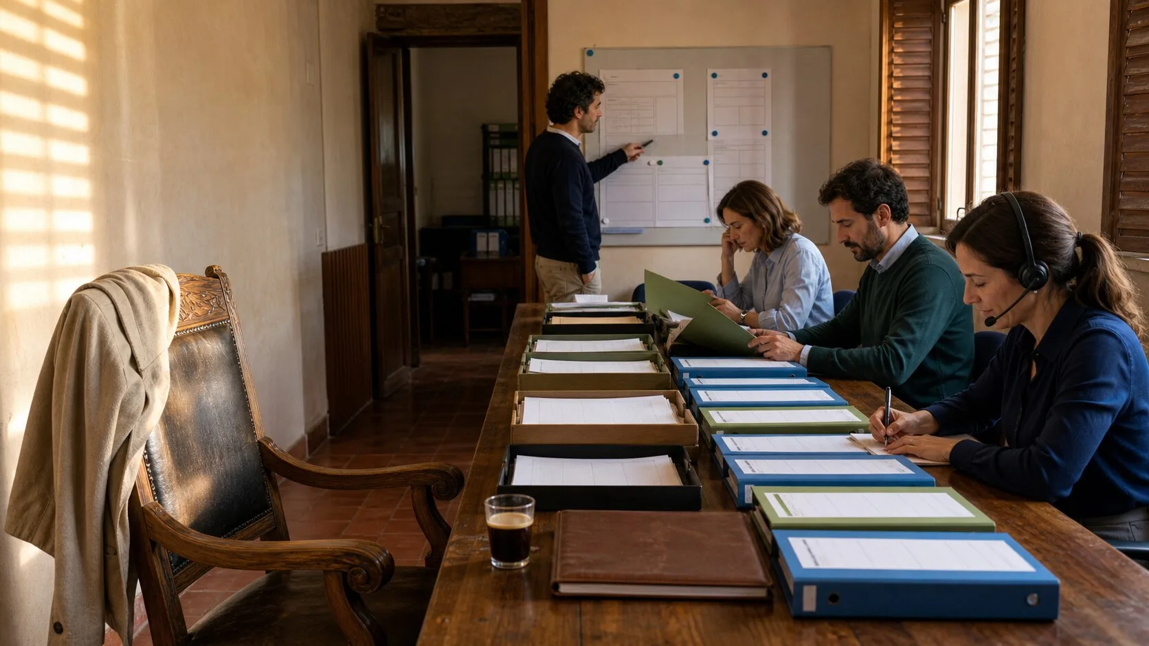 Equipo de un despacho fiscal moderno trabajando con portátiles y pantallas alrededor de una mesa de reuniones con luz natural